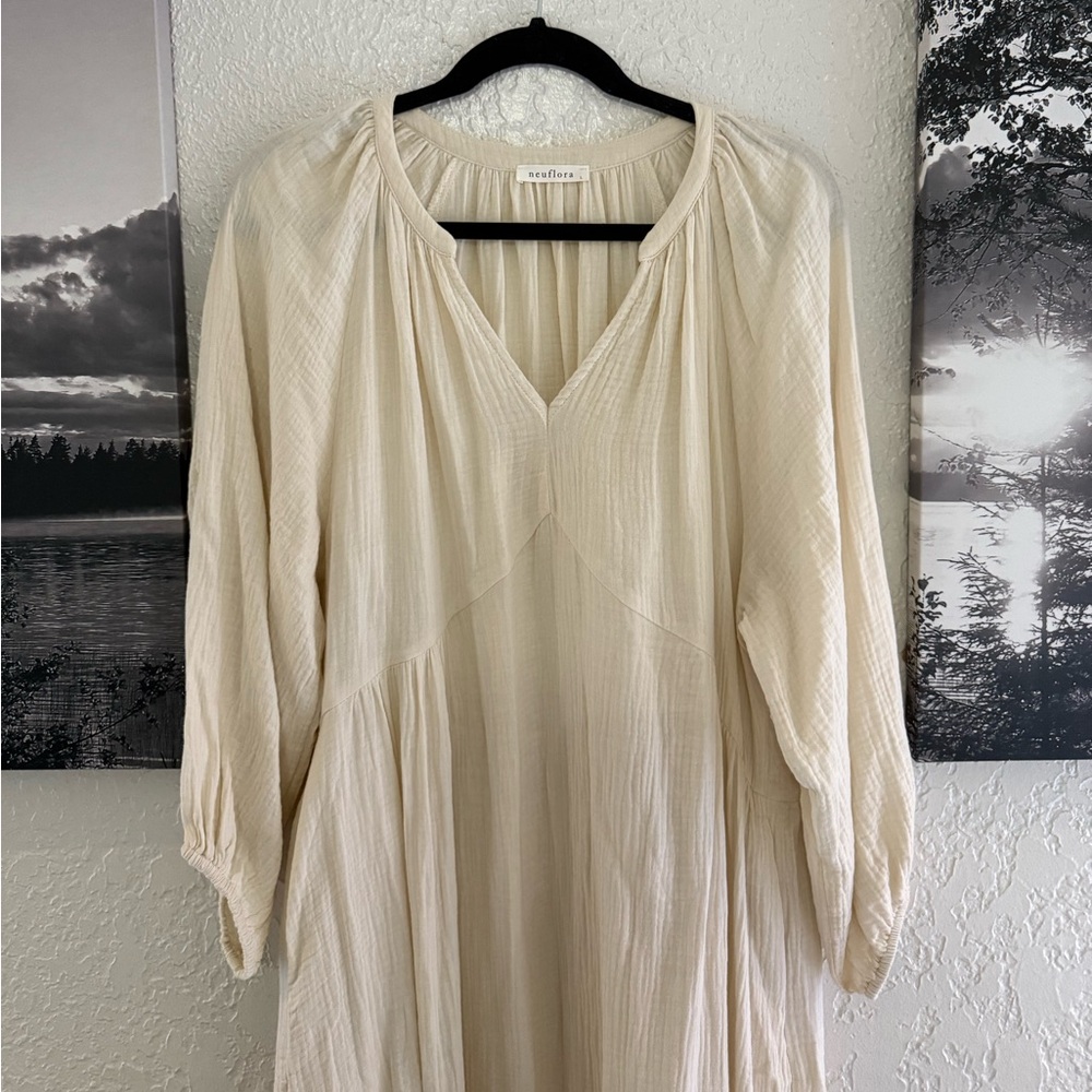 Neuflora Mayfield 100% Cotton Cream Long Sleeve Women's Dress with Pockets - Picture 4 of 15